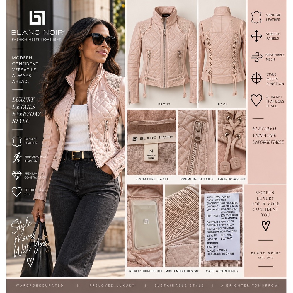 Blanc Noir Womens M Blush Pink Leather Moto Jacket Quilted Lace Up BLJ77900